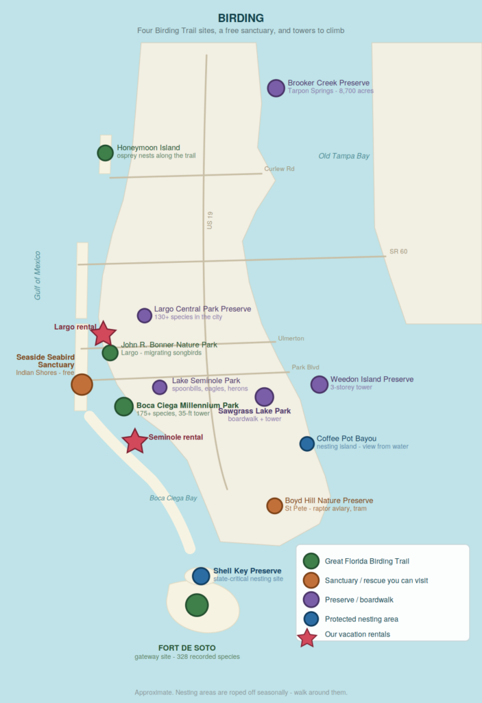 Birding sites near our vacation rentals Map of Pinellas County, Florida showing Great Florida Birding Trail sites, a seabird rescue sanctuary, nature preserves with boardwalks and observation towers, and protected shorebird nesting areas, relative to our two vacation rentals in Largo and Seminole. Gulf of Mexico Old Tampa Bay Boca Ciega Bay US 19 SR 60 Ulmerton Park Blvd Curlew Rd Honeymoon Island osprey nests along the trail John R. Bonner Nature Park Largo - migrating songbirds Boca Ciega Millennium Park 175+ species, 35-ft tower FORT DE SOTO gateway site - 328 recorded species Seaside Seabird Sanctuary Indian Shores - free Boyd Hill Nature Preserve St Pete - raptor aviary, tram Brooker Creek Preserve Tarpon Springs - 8,700 acres Largo Central Park Preserve 130+ species in the city Lake Seminole Park spoonbills, eagles, herons Sawgrass Lake Park boardwalk + tower Weedon Island Preserve 3-storey tower Shell Key Preserve state-critical nesting site Coffee Pot Bayou nesting island - view from water Largo rental Seminole rental BIRDING Four Birding Trail sites, a free sanctuary, and towers to climb Great Florida Birding Trail Sanctuary / rescue you can visit Preserve / boardwalk Protected nesting area Our vacation rentals Approximate. Nesting areas are roped off seasonally - walk around them.